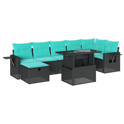 8-teiliges Gartensofa-Set mit Kissen, schwarzes Polyrattan