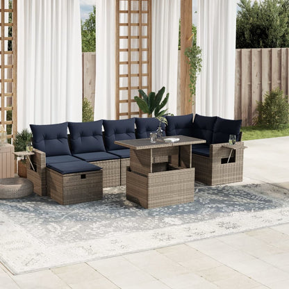 8-teiliges Gartensofa-Set mit Kissen, grau, Polyrattan