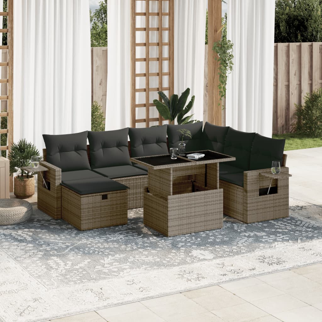 8-tlg. Garten-Sofagarnitur mit Kissen Grau Poly Rattan