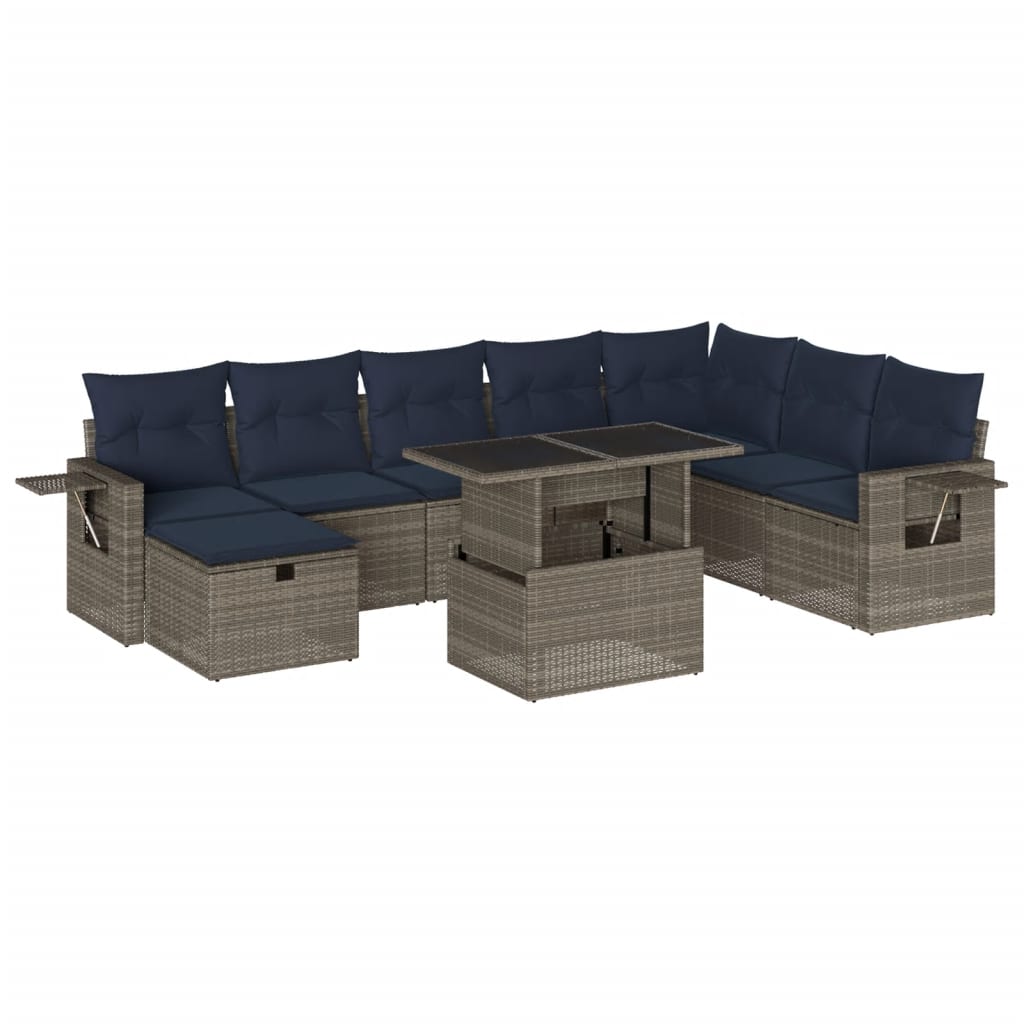 9-teiliges Gartensofa-Set mit Kissen, grau, Polyrattan