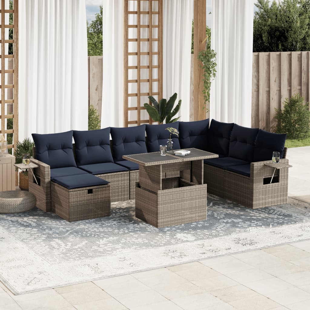 9-teiliges Gartensofa-Set mit Kissen, grau, Polyrattan