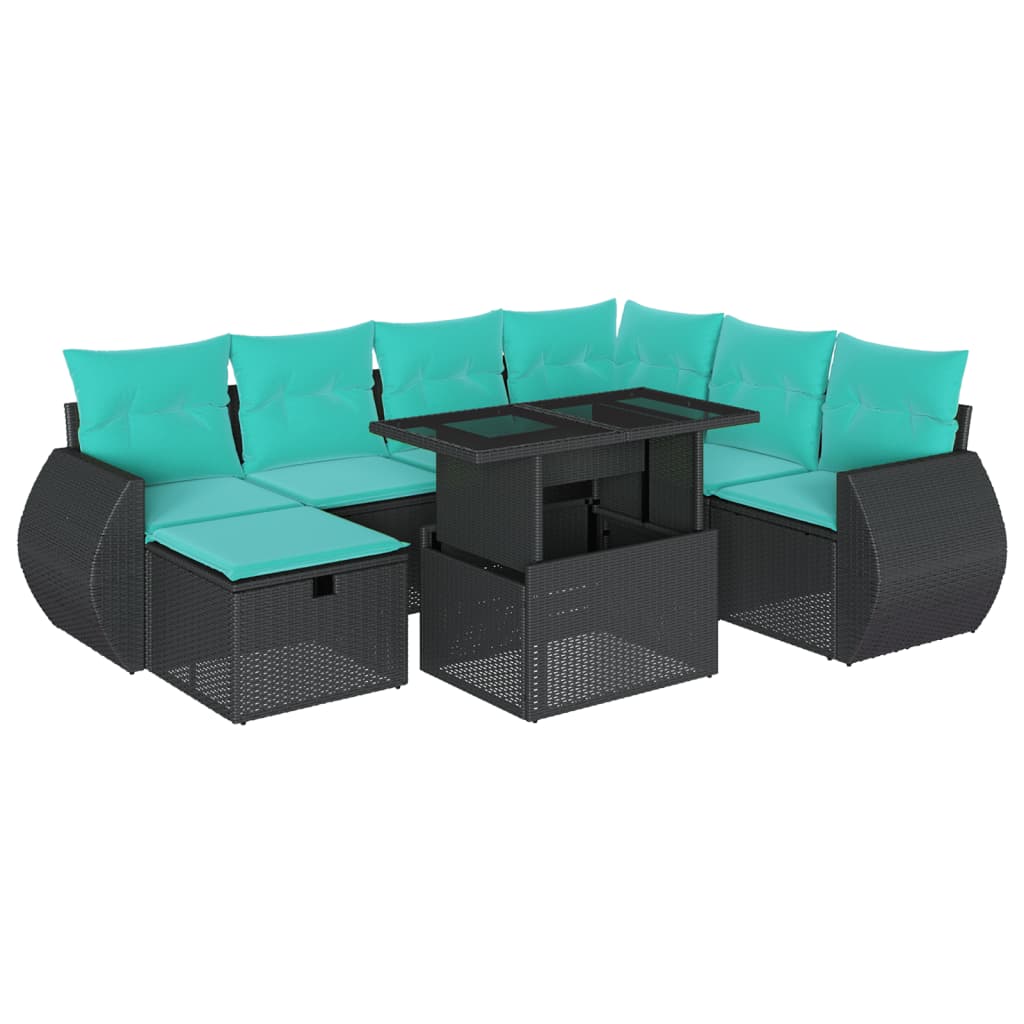 8-teiliges Gartensofa-Set mit Kissen, schwarzes Polyrattan