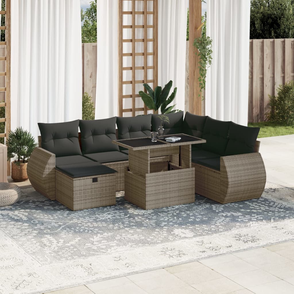 8-tlg. Garten-Sofagarnitur mit Kissen Grau Poly Rattan