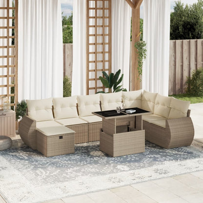 9-tlg. Garten-Sofagarnitur mit Kissen Beige Poly Rattan
