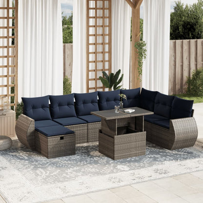 9-teiliges Gartensofa-Set mit Kissen, grau, Polyrattan