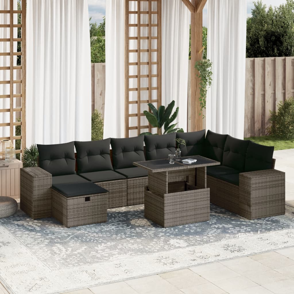 9-tlg. Garten-Sofagarnitur mit Kissen Grau Poly Rattan