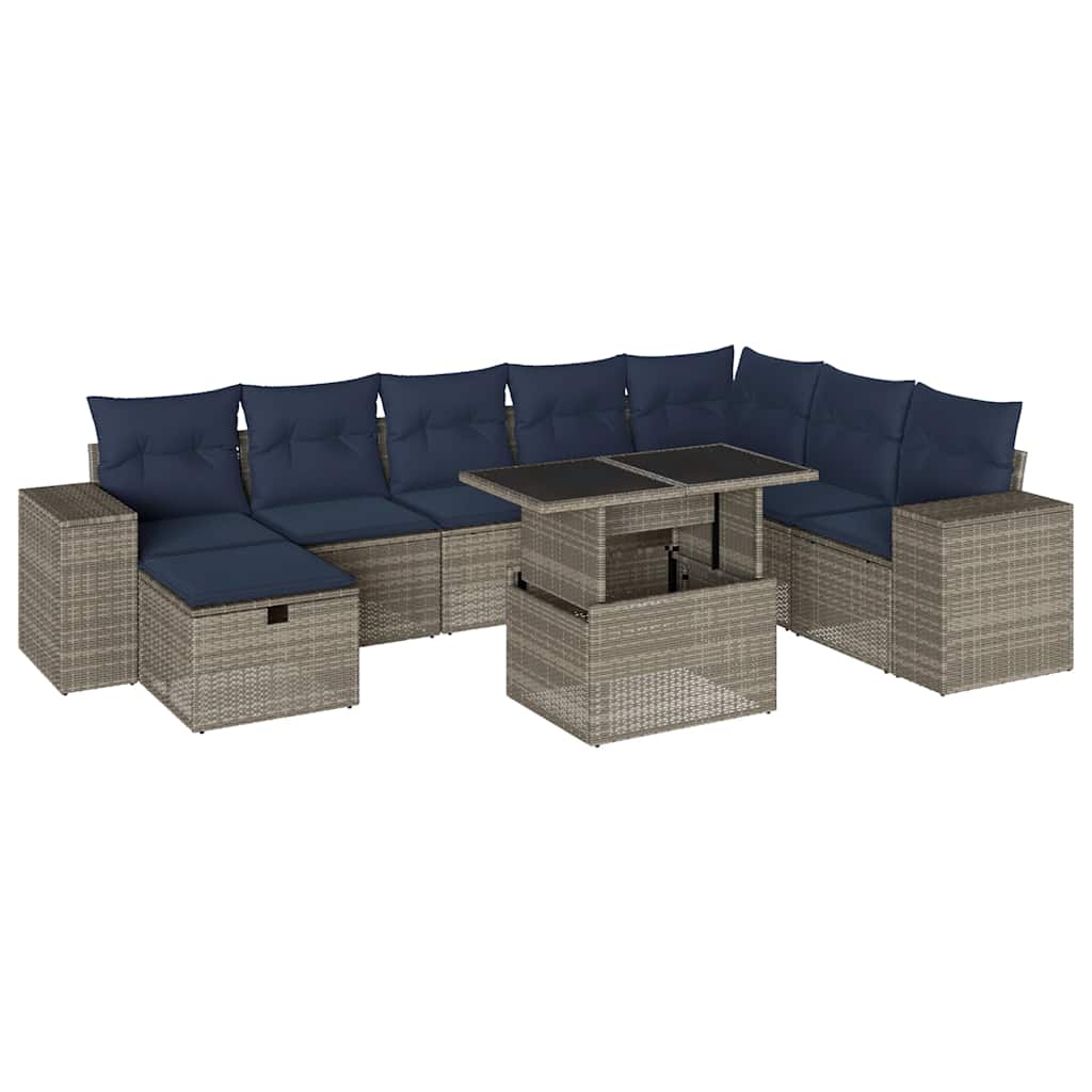 9-teiliges Gartensofa-Set mit Kissen, grau, Polyrattan