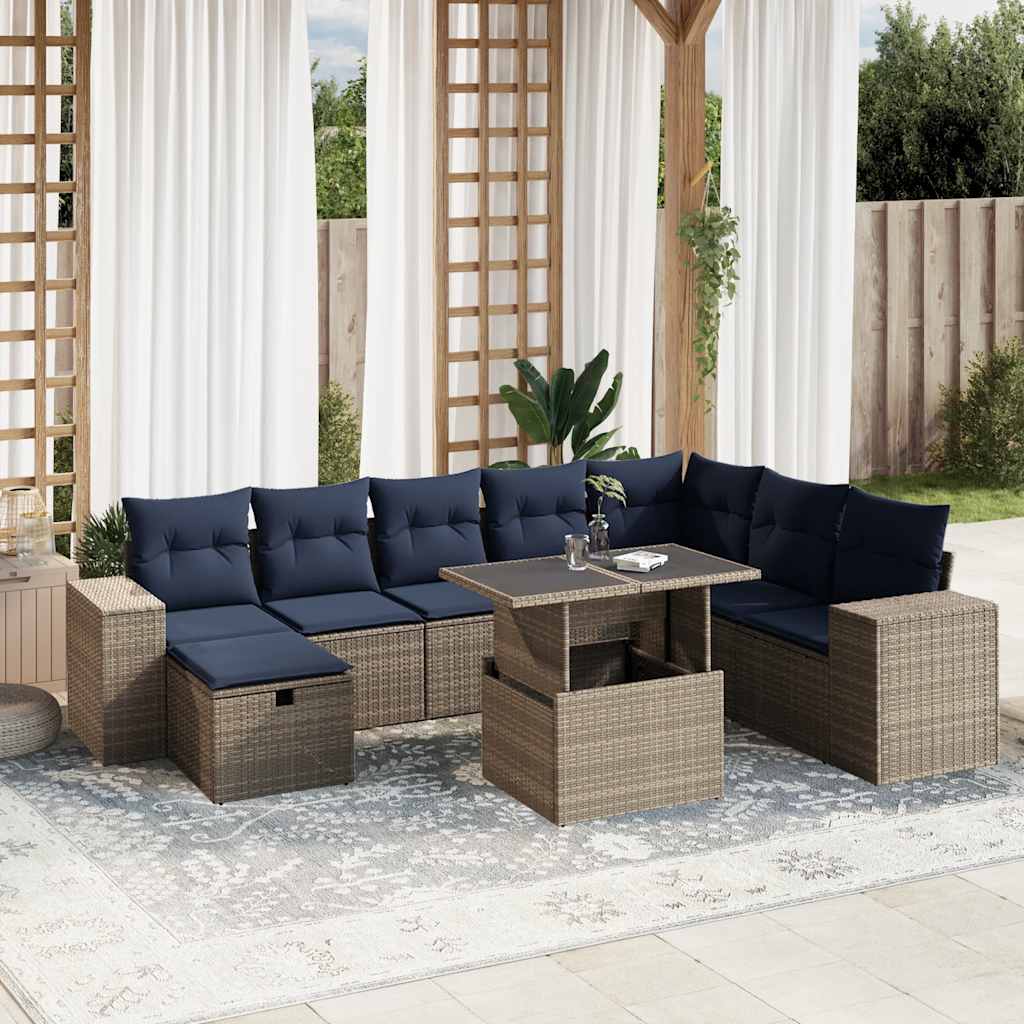 9-teiliges Gartensofa-Set mit Kissen, grau, Polyrattan