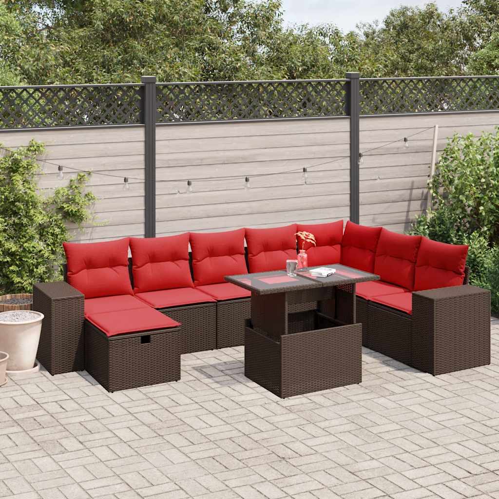 9-teiliges Gartensofa-Set mit Kissen, braun, Polyrattan