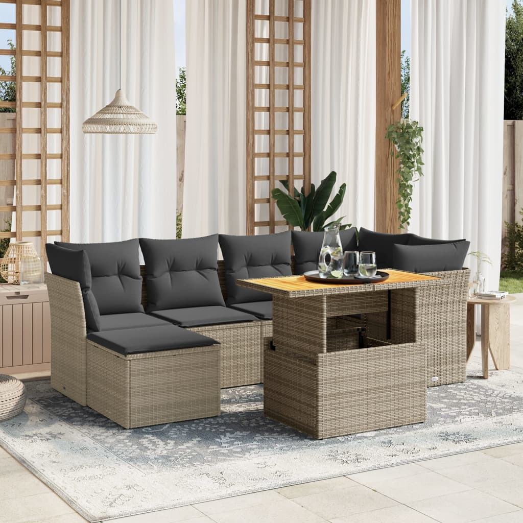 7-tlg. Garten-Sofagarnitur mit Kissen Grau Poly Rattan