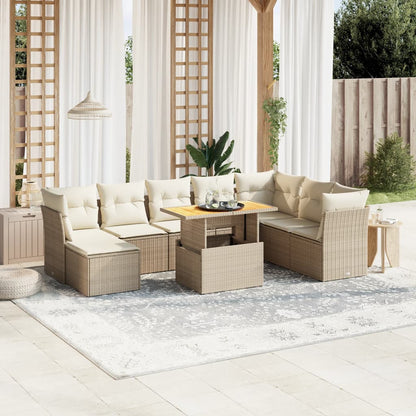 9-tlg. Garten-Sofagarnitur mit Kissen Beige Poly Rattan