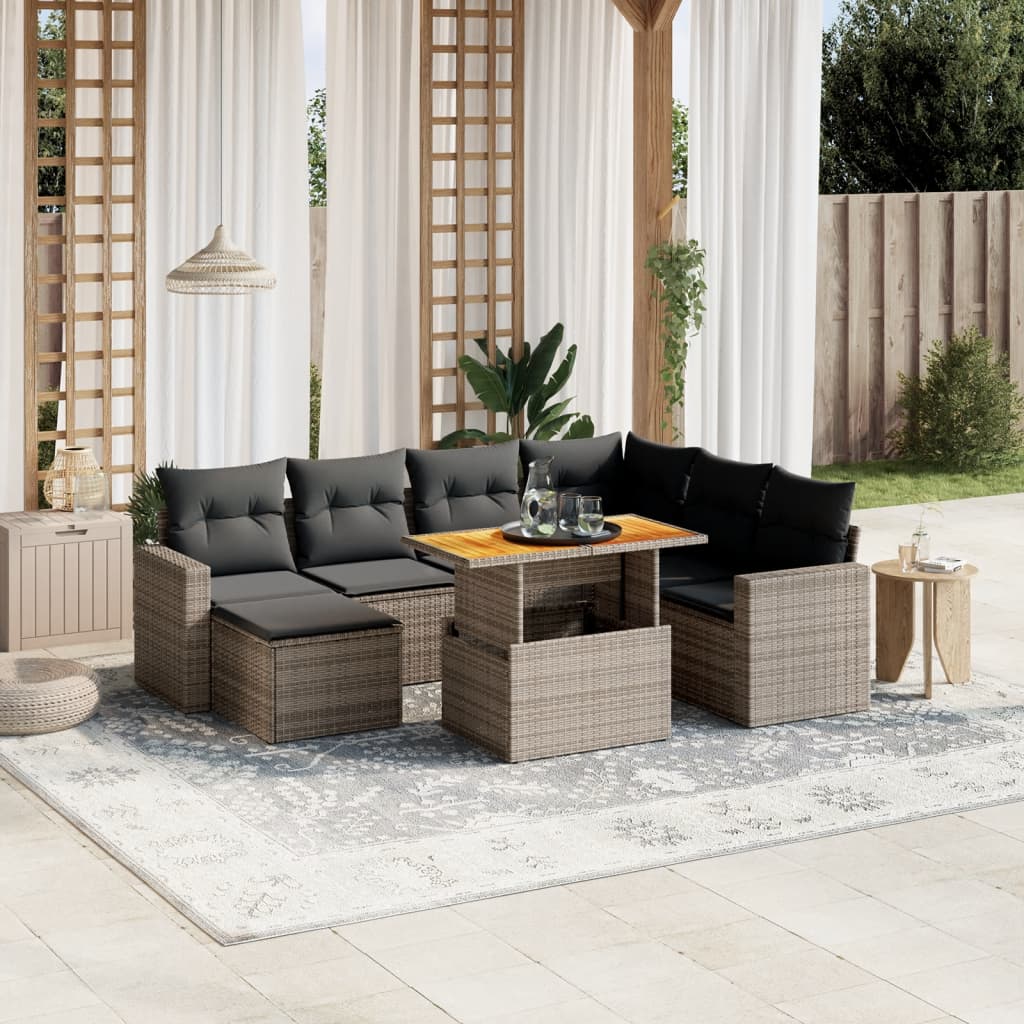 8-tlg. Garten-Sofagarnitur mit Kissen Grau Poly Rattan