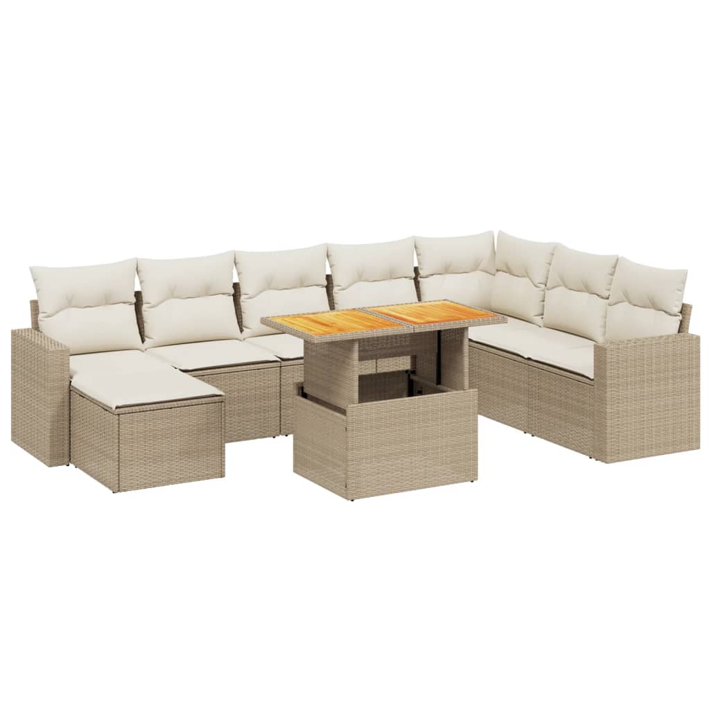 9-tlg. Garten-Sofagarnitur mit Kissen Beige Poly Rattan