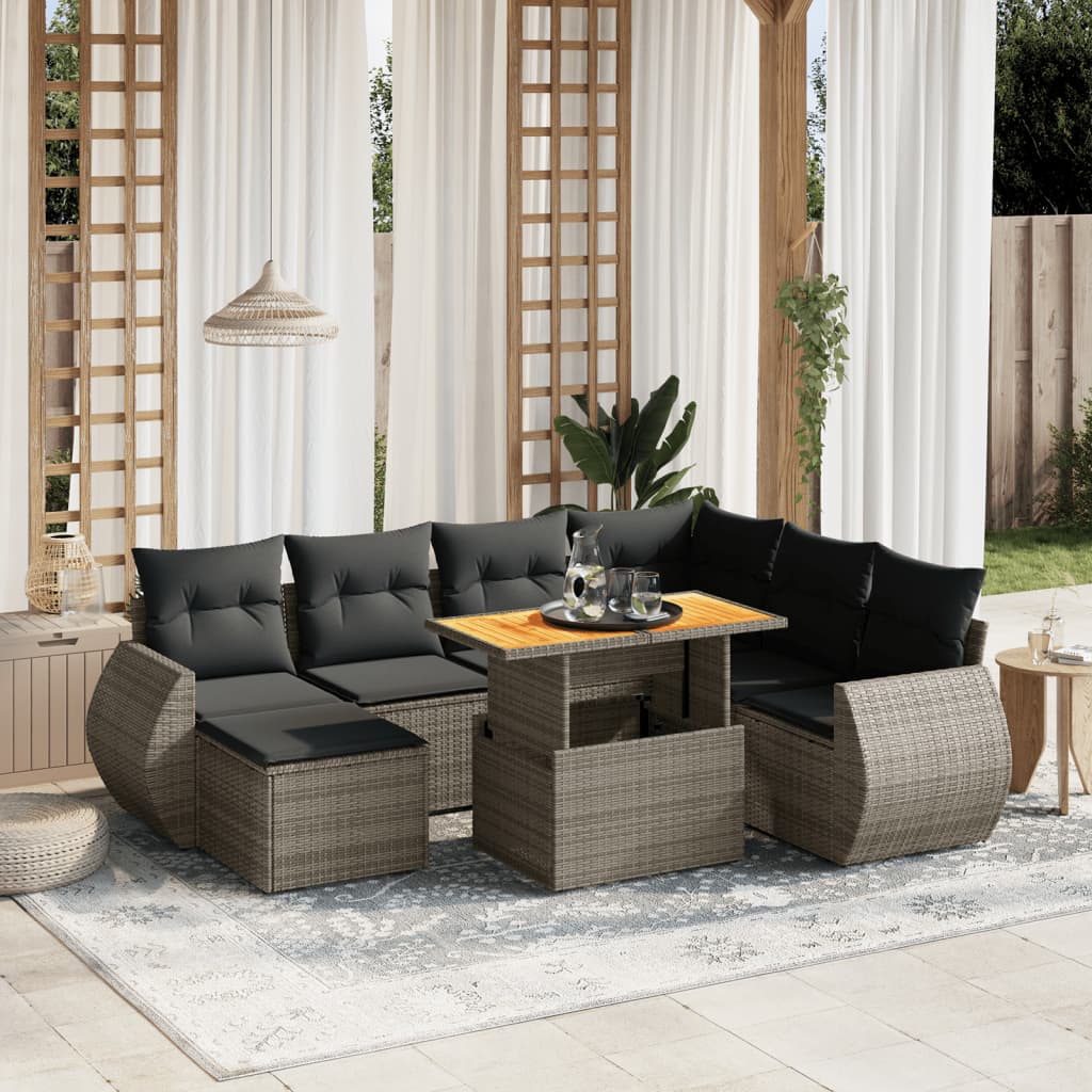 8-tlg. Garten-Sofagarnitur mit Kissen Grau Poly Rattan