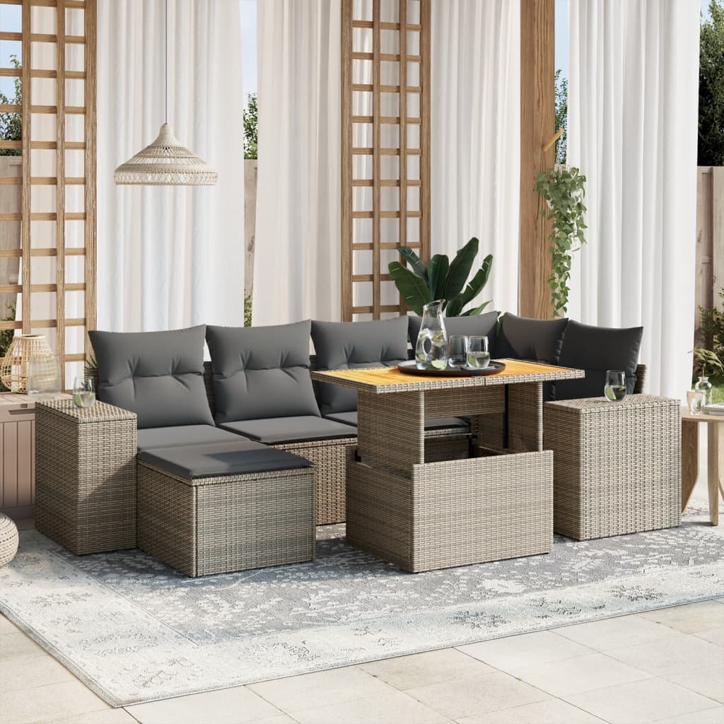 7-tlg. Garten-Sofagarnitur mit Kissen Grau Poly Rattan
