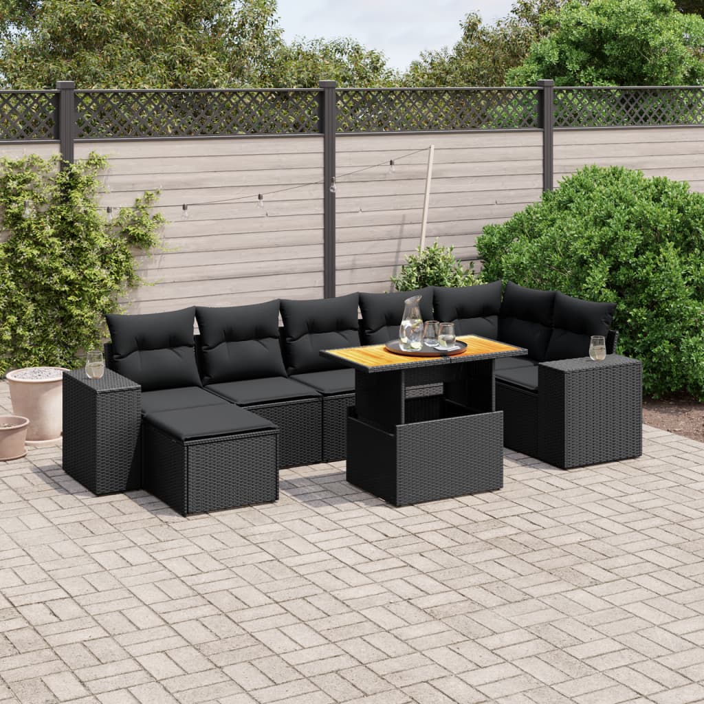 8-tlg. Garten-Sofagarnitur mit Kissen Schwarz Poly Rattan