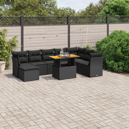 9-tlg. Garten-Sofagarnitur mit Kissen Schwarz Poly Rattan