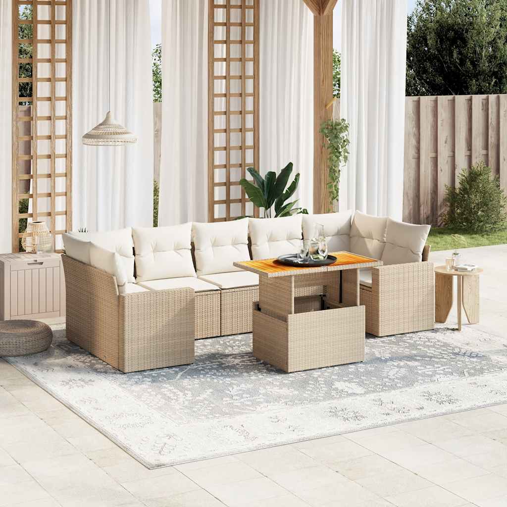 8-tlg. Garten-Sofagarnitur mit Kissen Beige Poly Rattan
