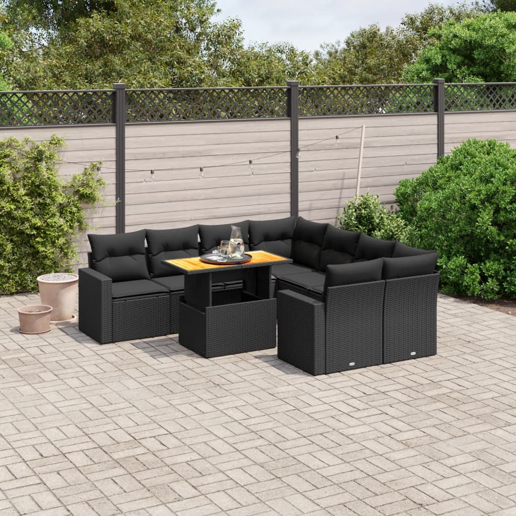 9-tlg. Garten-Sofagarnitur mit Kissen Schwarz Poly Rattan