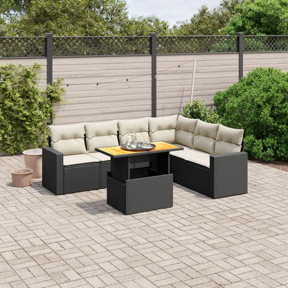 7-tlg. Garten-Sofagarnitur mit Kissen Schwarz Poly Rattan