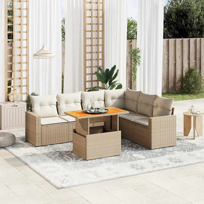 7-tlg. Garten-Sofagarnitur mit Kissen Beige Poly Rattan