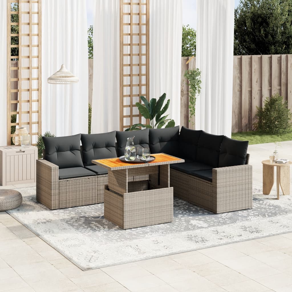 7-tlg. Garten-Sofagarnitur mit Kissen Grau Poly Rattan