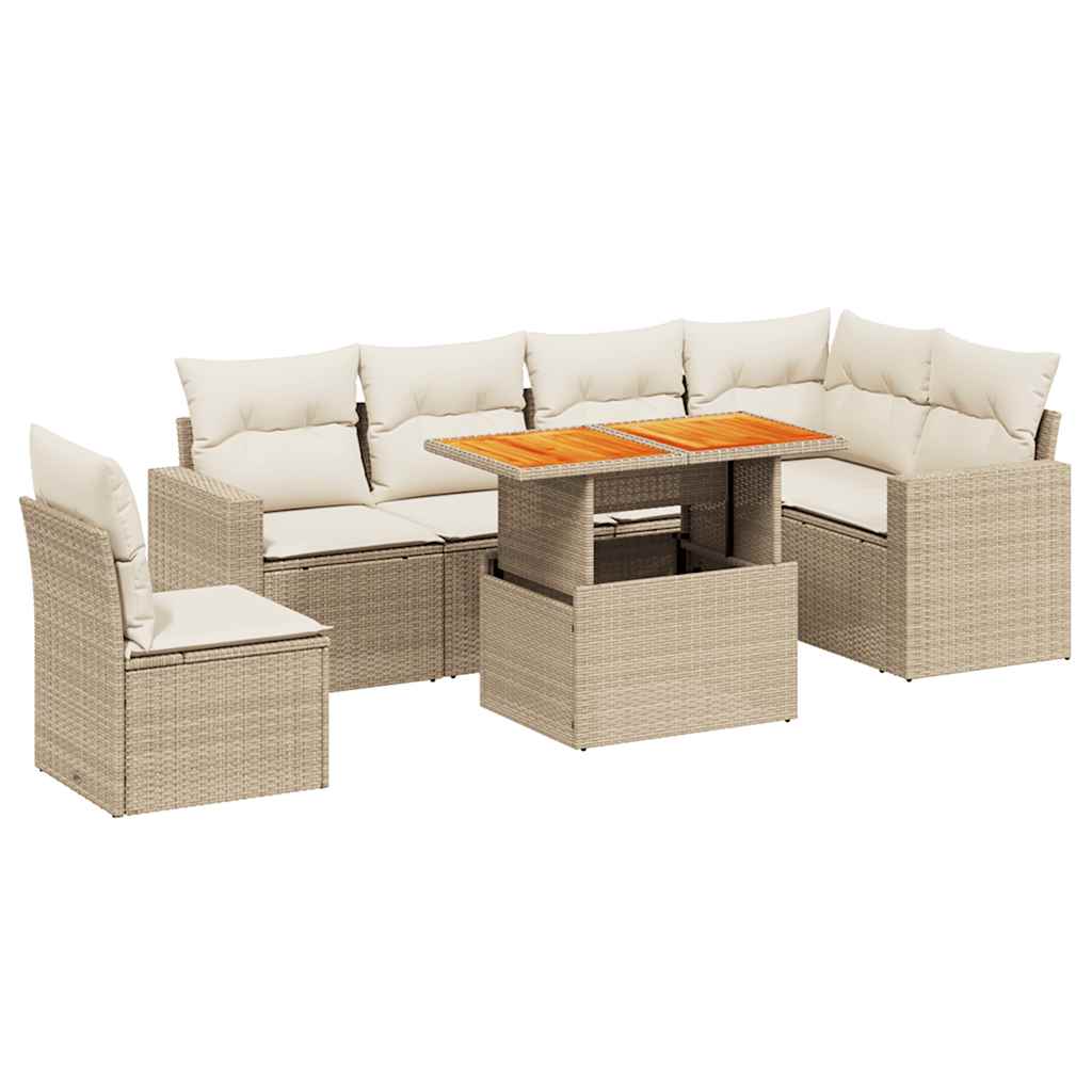 7-tlg. Garten-Sofagarnitur mit Kissen Beige Poly Rattan