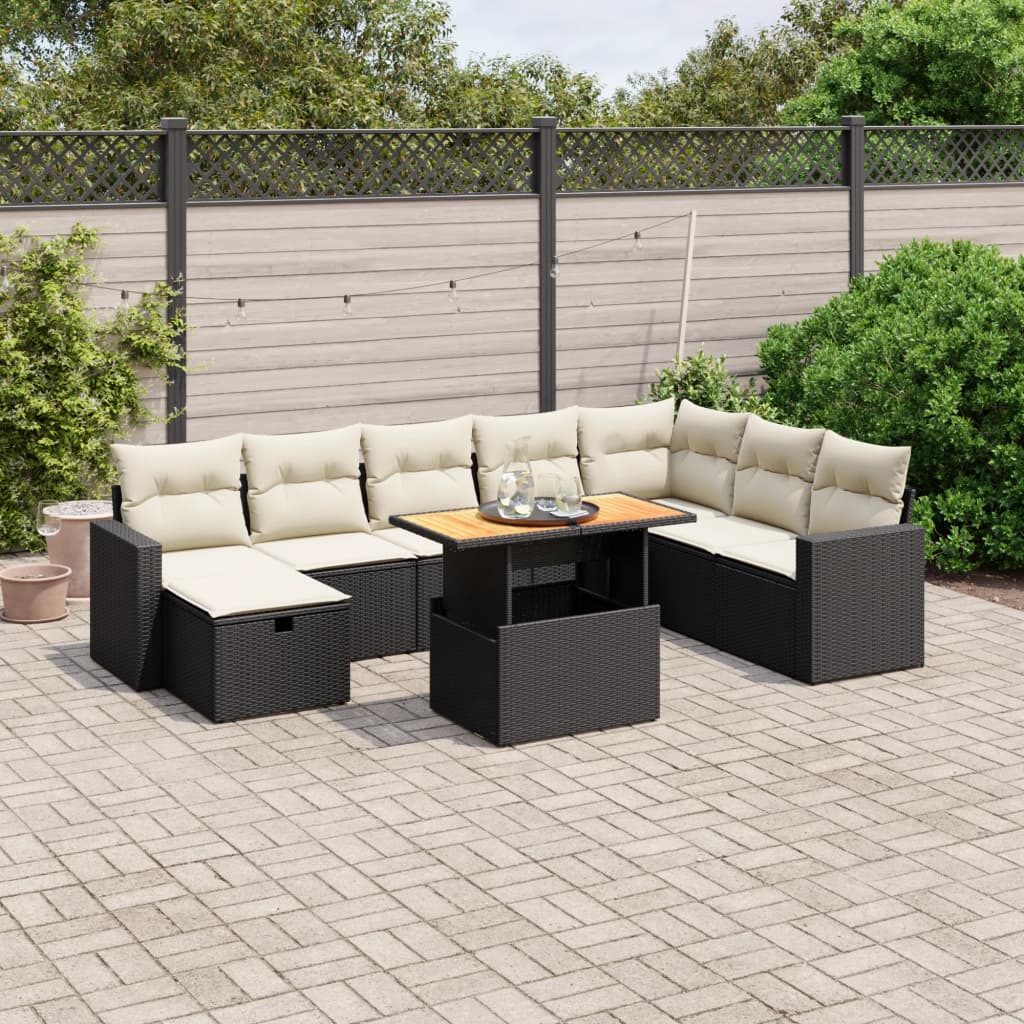9-tlg. Garten-Sofagarnitur mit Kissen Schwarz Poly Rattan