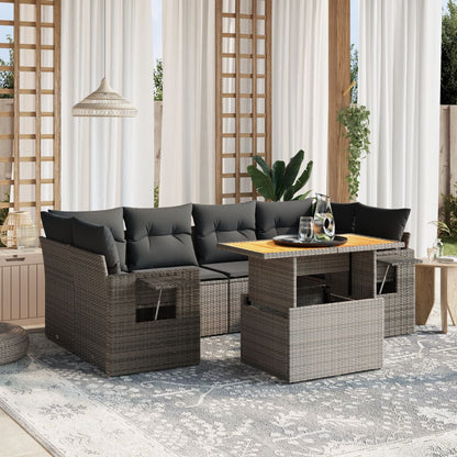 7-tlg. Garten-Sofagarnitur mit Kissen Grau Poly Rattan