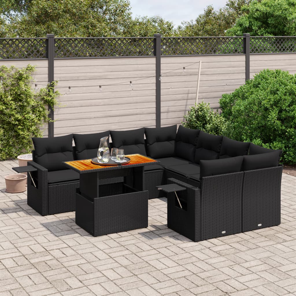 9-tlg. Garten-Sofagarnitur mit Kissen Schwarz Poly Rattan