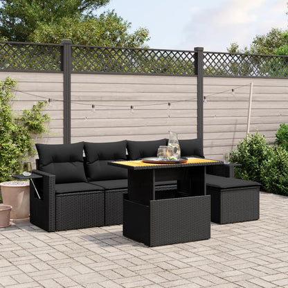 6-tlg. Garten-Sofagarnitur mit Kissen Schwarz Poly Rattan