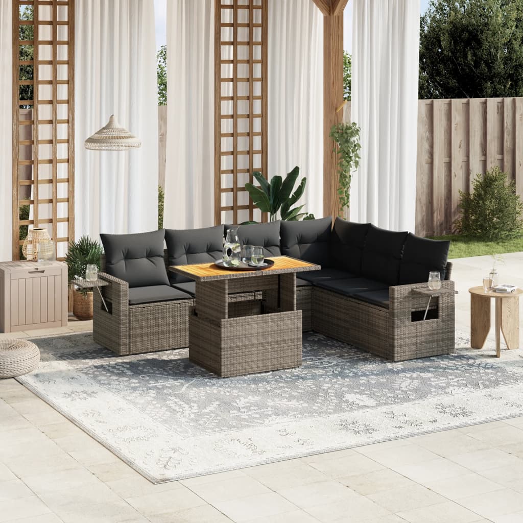7-tlg. Garten-Sofagarnitur mit Kissen Grau Poly Rattan