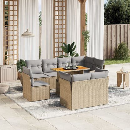 9-tlg. Garten-Sofagarnitur mit Kissen Beige Poly Rattan
