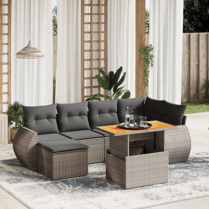 7-tlg. Garten-Sofagarnitur mit Kissen Grau Poly Rattan