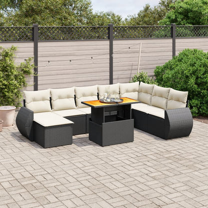 9-tlg. Garten-Sofagarnitur mit Kissen Schwarz Poly Rattan