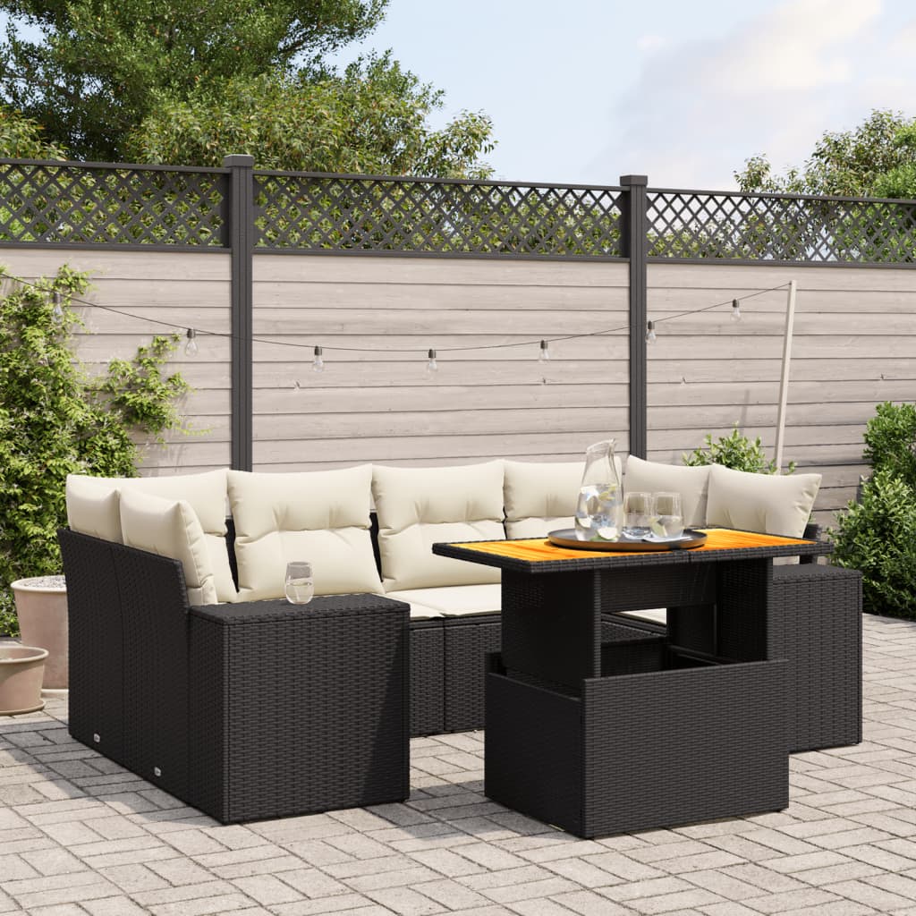 7-tlg. Garten-Sofagarnitur mit Kissen Schwarz Poly Rattan