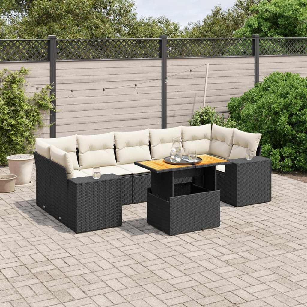 8-tlg. Garten-Sofagarnitur mit Kissen Schwarz Poly Rattan