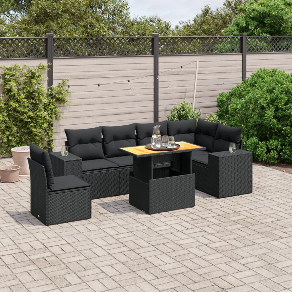7-tlg. Garten-Sofagarnitur mit Kissen Schwarz Poly Rattan