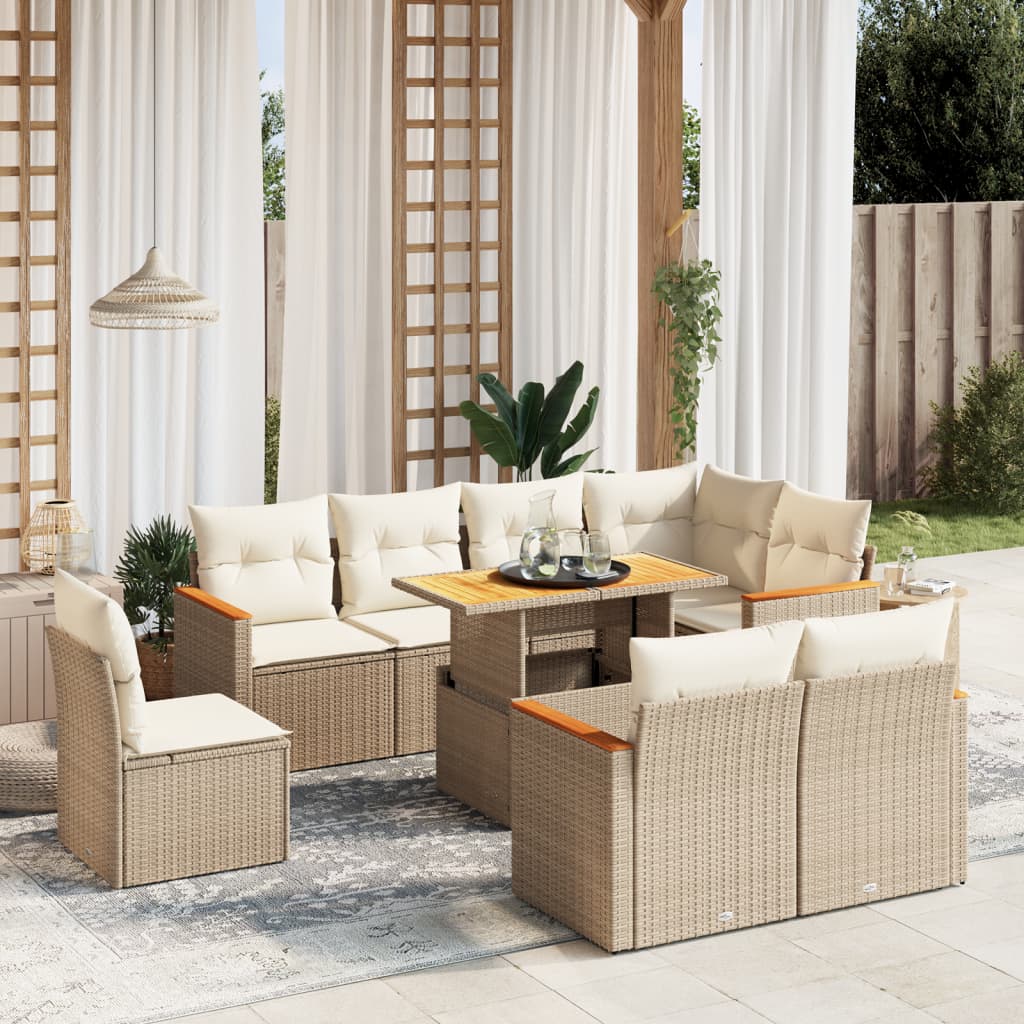 9-tlg. Garten-Sofagarnitur mit Kissen Beige Poly Rattan