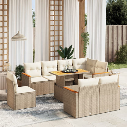 9-tlg. Garten-Sofagarnitur mit Kissen Beige Poly Rattan
