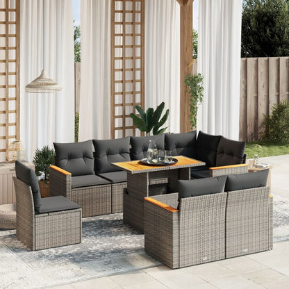 9-tlg. Garten-Sofagarnitur mit Kissen Grau Poly Rattan