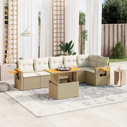 7-tlg. Garten-Sofagarnitur mit Kissen Beige Poly Rattan