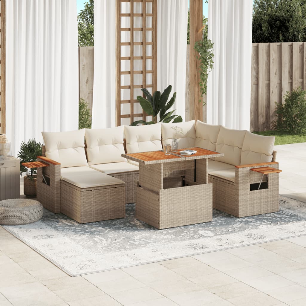 8-tlg. Garten-Sofagarnitur mit Kissen Beige Poly Rattan