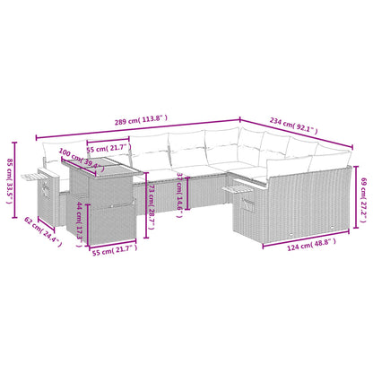 10-tlg. Garten-Sofagarnitur mit Kissen Grau Poly Rattan