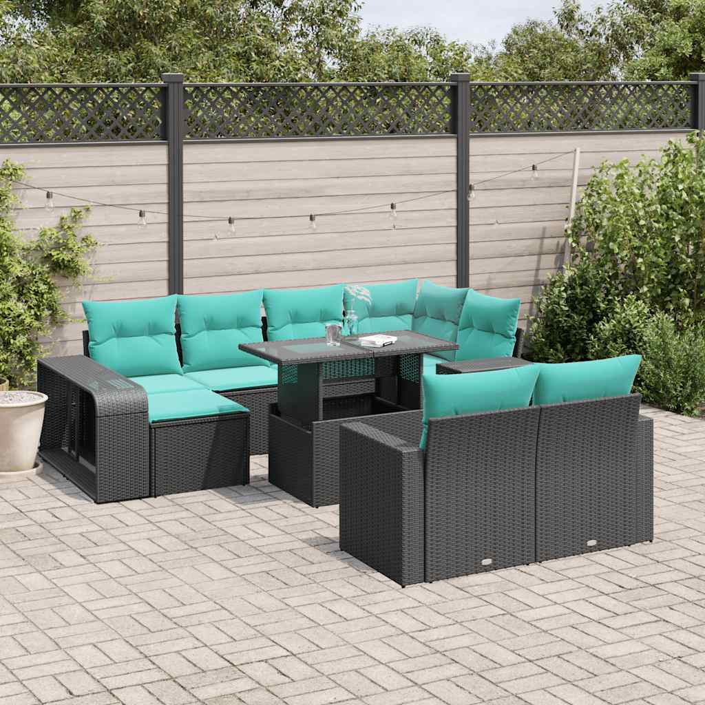 11-teiliges Gartensofa-Set mit Kissen, schwarzes Polyrattan