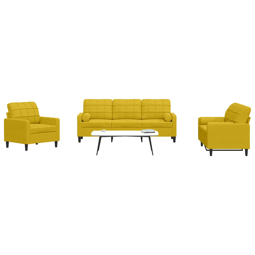 3-tlg. Sofagarnitur mit Kissen und Nackenrollen Gelb Samt