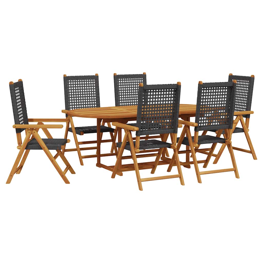 7-tlg. Garten-Essgruppe Poly Rattan und Massivholz Schwarz