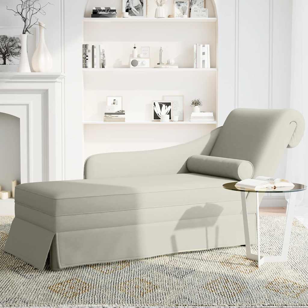 Chaiselongue mit Nackenrolle und Rechter Armlehne Creme Samt