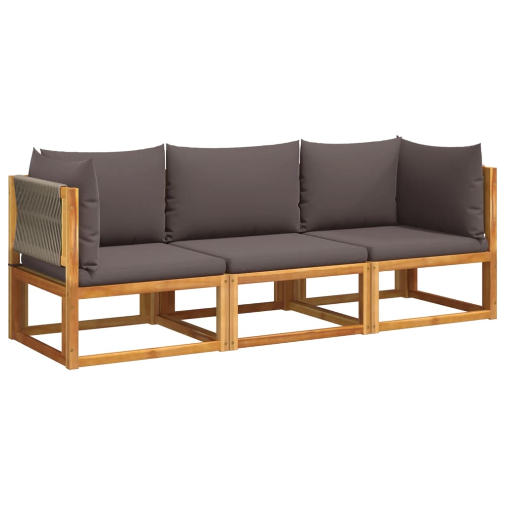3-tlg. Gartensofa-Set mit Kissen Holz Akazie & Seil