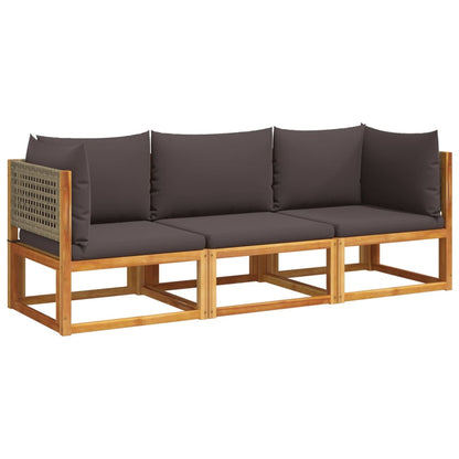 3-tlg. Gartensofa-Set mit Kissen Holz Akazie & Rattan